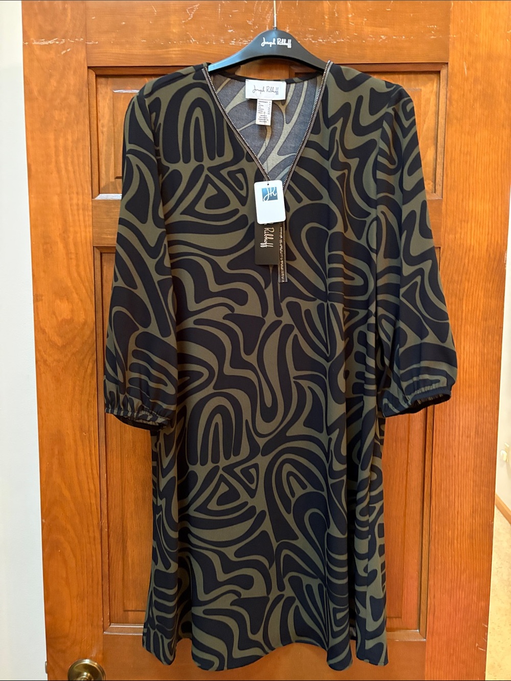 Joseph Ribkoff Olive Green and Black Abstract V-Neck Dress